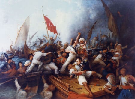 Marines engage Barbary pirates during the bombardment of Tripoli, Algiers on August 3, 1804. Oil on canvas, 1850 by Dennis Malone Carter. Wikimedia