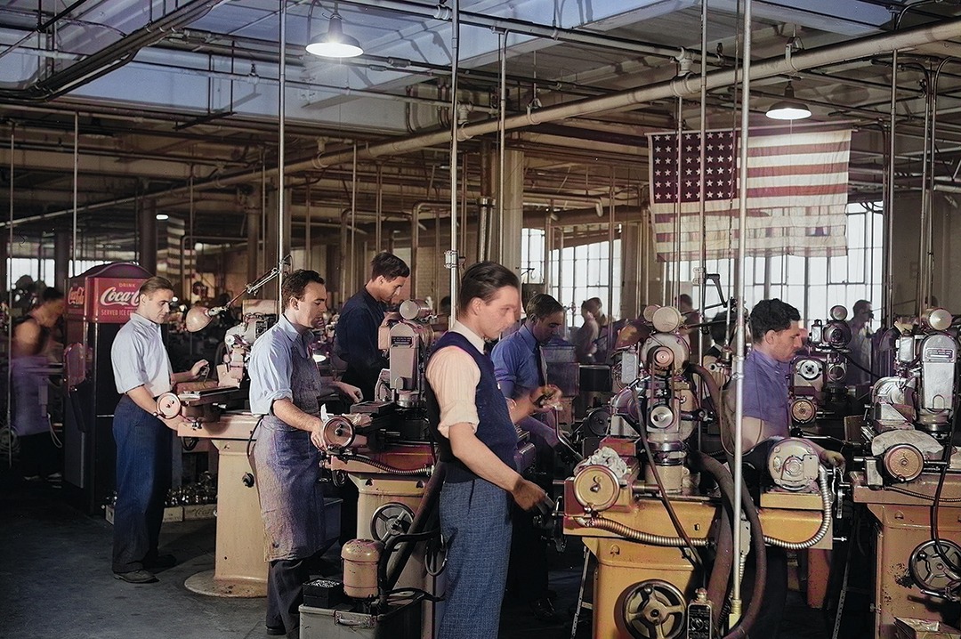 Workers in Schick's converted Stamford razor factory produce instruments to aid in the war effort, 1942