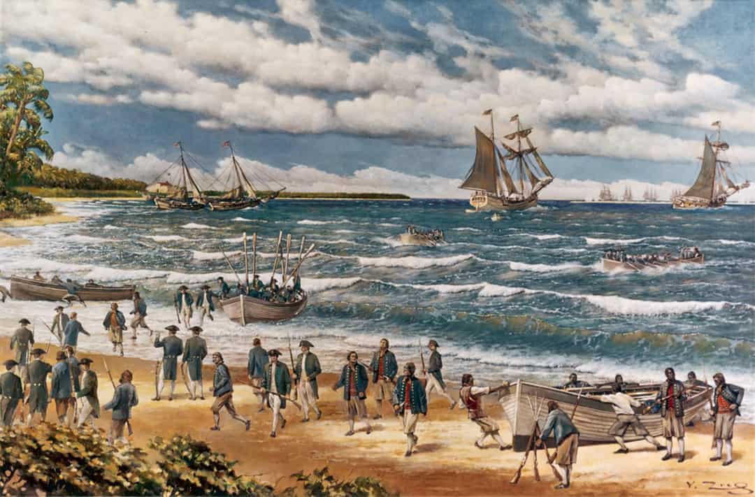 Continental Sailors and Marines landing on New Providence Island, Bahamas, 1776