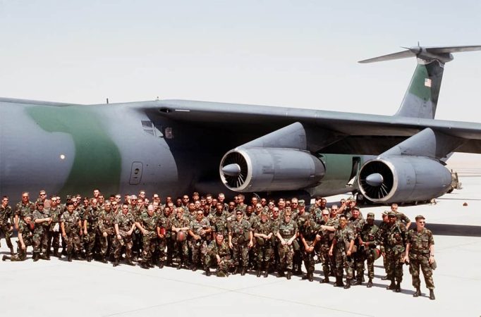 U.S. Air Force personnel in Saudi Arabia with C-141B Starlifter aircraft during Operation Desert Shield, 1991