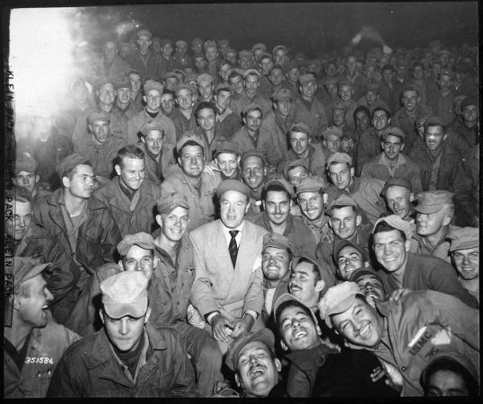 Comedian Bob Hope entertains U.S. Marines in Korea, 1950