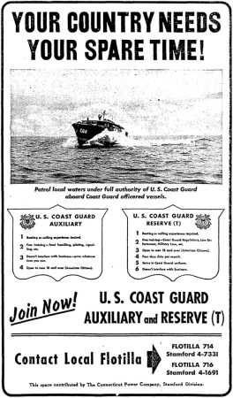 Recruiting ad for Stamford Coast Guard Auxiliary Flotillas, 1943