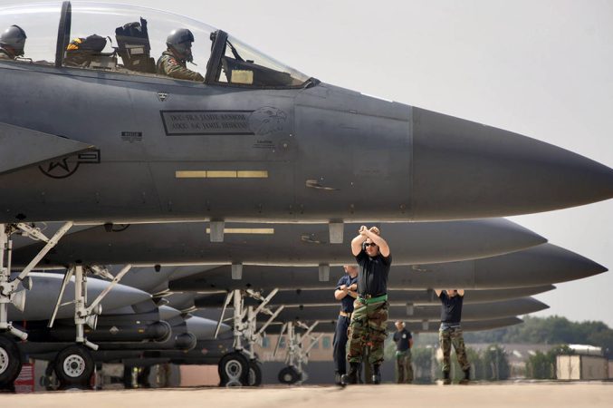 F-15E Strike Eagles of the 492nd Fighter Squadron return from a training mission in Europe, 2023