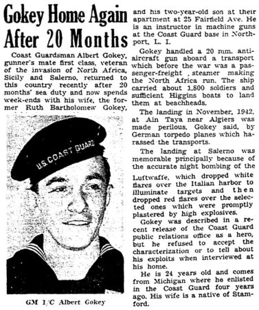 Stamford resident Albert Gokey served overseas with the Coast Guard in World War II • Stamford Advocate, February 9, 1944