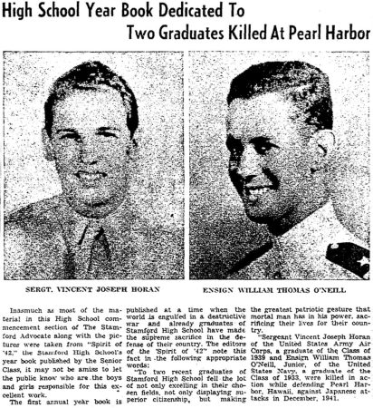 Vincent Horan of the U.S. Army Air Corps and William O'Neill were the first and second losses of World War 2 for Stamford