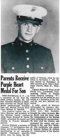 PFC William B. Mitchell of Stamford was posthumously awarded the Purple Heart for his actions in combat on November 3, 1965