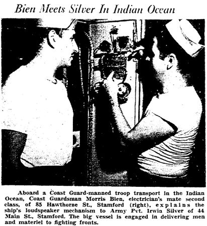 Coast Guardsman Morris Bien of Stamford encounters another Stamfordite while on duty overseas in World War II • Stamford Advocate, March 2, 1945