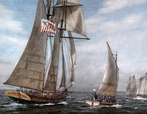 U.S. Revenue Cutter Thomas Jefferson Chasing Down Three Royal Navy Boats on 11 April 1813 by Patrick O'Brien