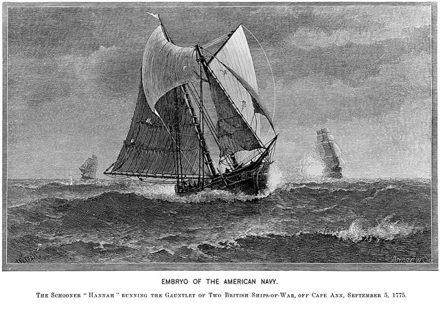 Hannah, Continental Navy Schooner, Evades British Ships off Cape Ann Massachusetts, September 5, 1775