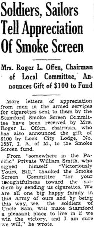 In World War II, the Stamford Smoke Screen Committee was formed to provide service members with free cigarettes