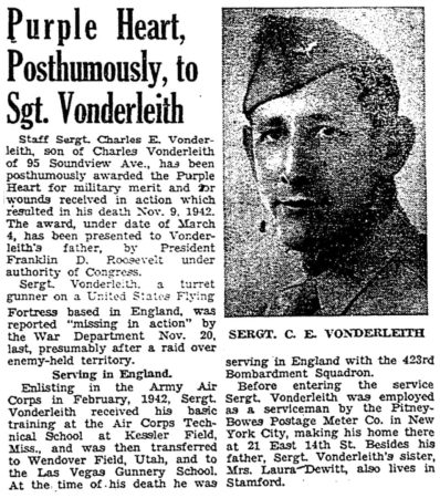 S/Sgt Charles Vonderleith of Stamford was posthumously awarded the Purple Heart for fatal wounds received as a B-17 bomber turret gunner